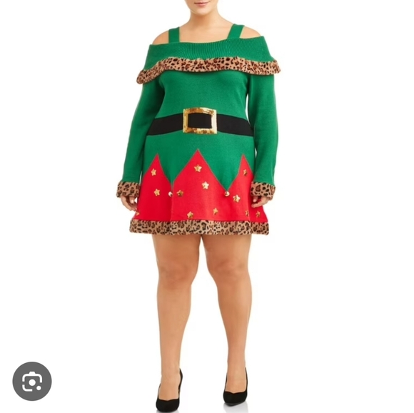 Holiday Time Dresses & Skirts - Holiday Time NWT Ugly Christmas Elf Dress Leopard Cheetah Faux Fur Women Size 2X